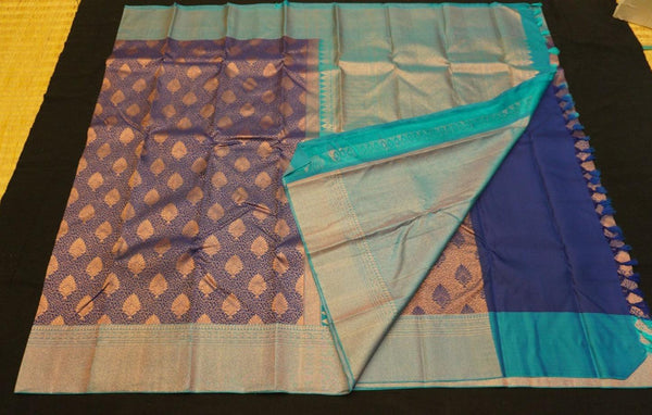 Royal Blue Kanchipuram Silk Saree in Copper Zari with Contrast border and pallu 