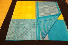 Load image into Gallery viewer, Exclusive Half &amp; Half Kanchipuram Silk Saree in Yellow with Teal Green Silver Zari Combo
