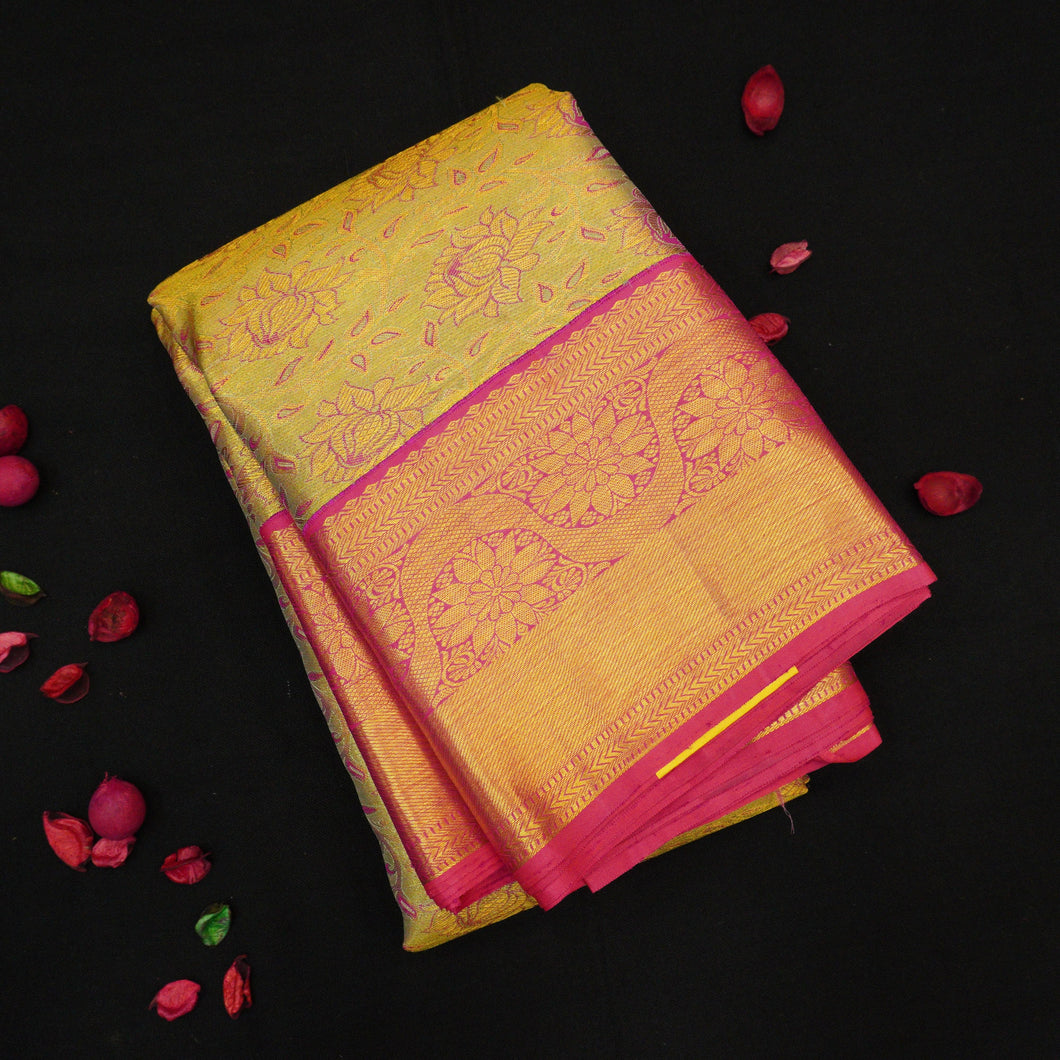 Pastel Green Bridal Kanchipuram Silk Saree with Pink Border