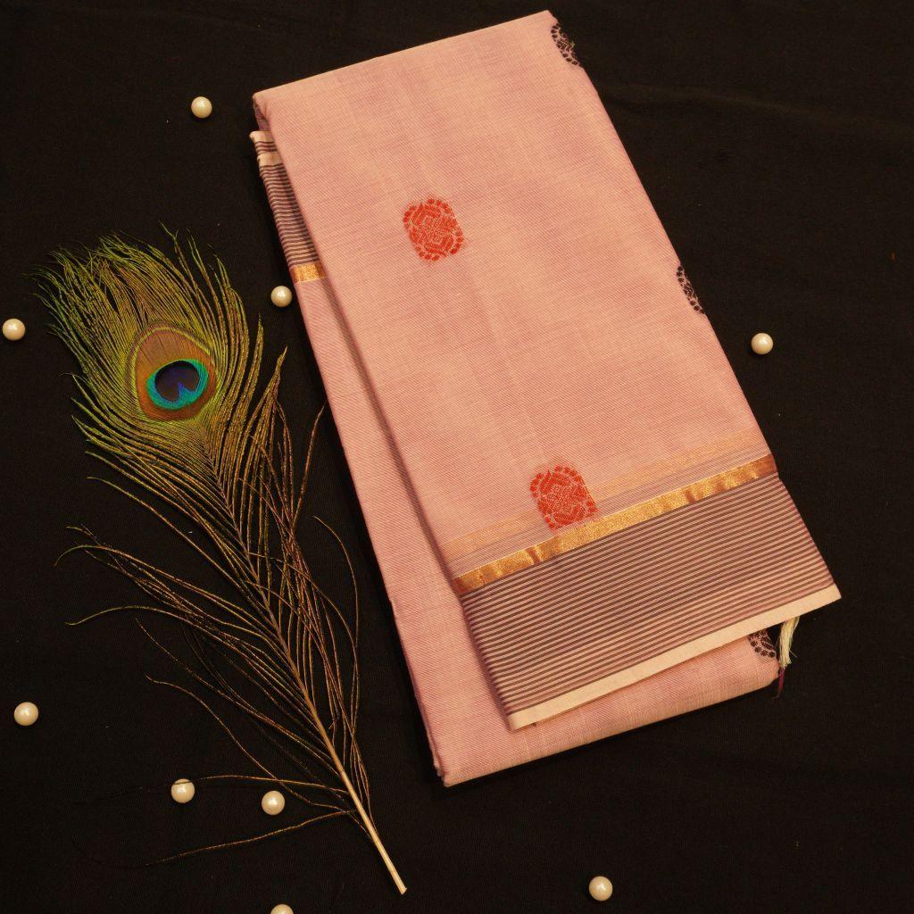 Dusty Pink Kanchipuram Cotton Saree with Rich Pallu for Traditional Attire
