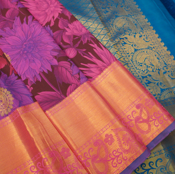 Purple Floral Printed Kanchipuram Silk Saree