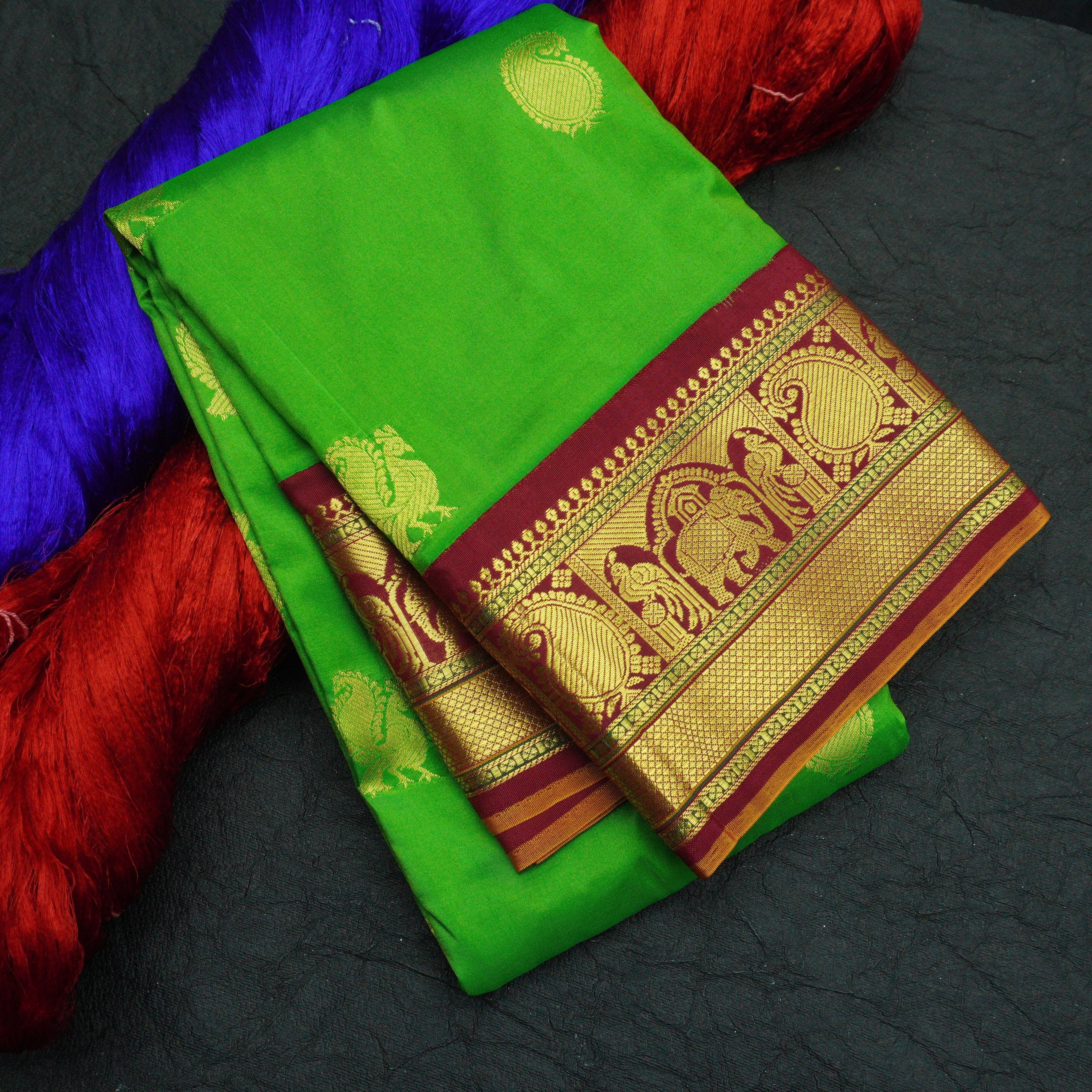 Anika- maroon light green classical kanjivaram Jacquard half saree. Mb