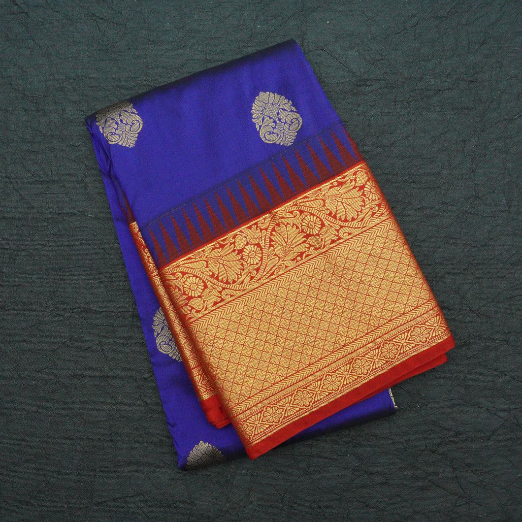 Navy Blue with Chili Red Border Kanchipuram Silk Saree