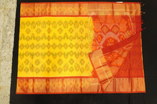Load image into Gallery viewer, Lemon Yellow Ikat Silk Cotton Saree with Gold Zari Border
