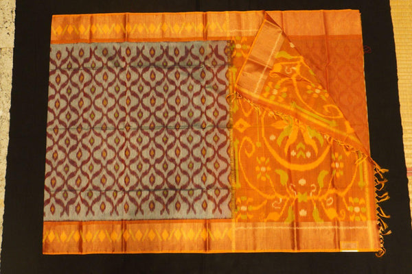 Grey with Yellow Combo Pochampally Ikkat Silk Cotton Saree with Tissue Border - Vivaaha Silks & Sarees