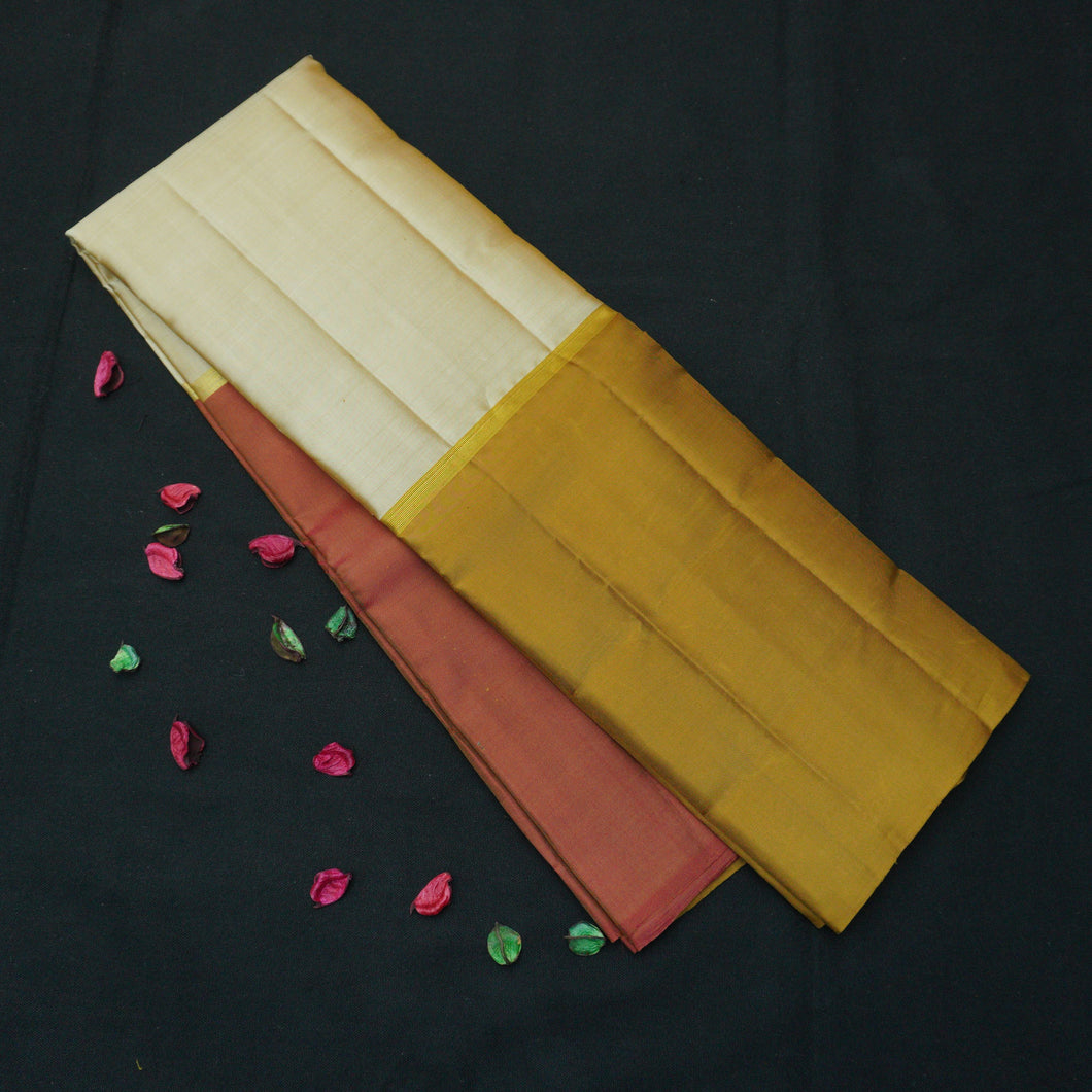 Brick Red-Ivory-White-Khaki Mubbagam Kanchipuram Silk Saree - Vivaaha Silks & Sarees