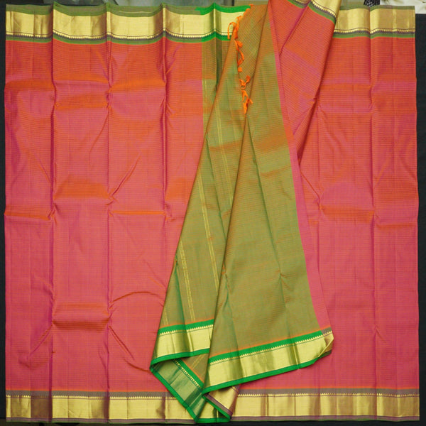 Tomato Red with Olive Green Kanchipuram Silk Sari