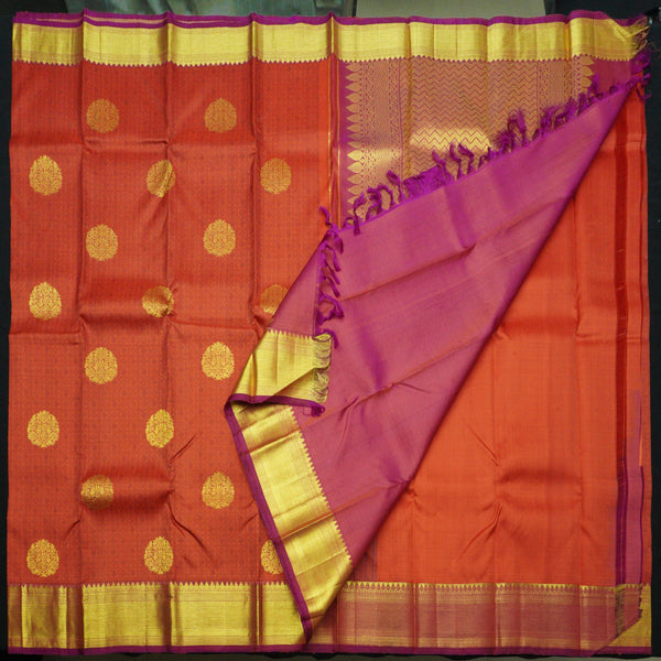 Tomato Red Kanchipuram Wedding Silk Sari - Self Embossed Design