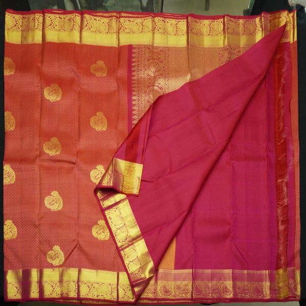 Tomato Red Kanchipuram Wedding Silk Sari with Traditional Border