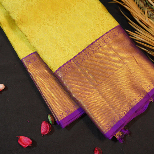 Radiant Lemon Yellow & Violet Bridal Kanchipuram Handloom Silk Saree