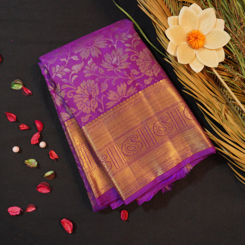 Voilet Bridal Kanchipuram Silk Saree with Pure Gold Zari