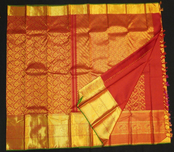 Red Bridal Kanchipuram Silk Saree with Long Border - Vivaaha Silks & Sarees