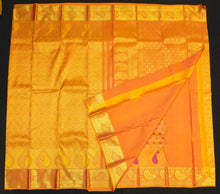 Load image into Gallery viewer, Golden Orange Bridal Kancheepuram Silk Saree handwoven with full gold zari
