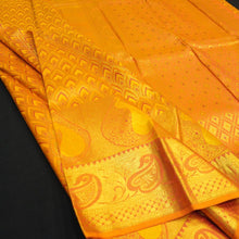 Load image into Gallery viewer, Golden Orange Bridal Kancheepuram Silk Saree handwoven with full gold zari
