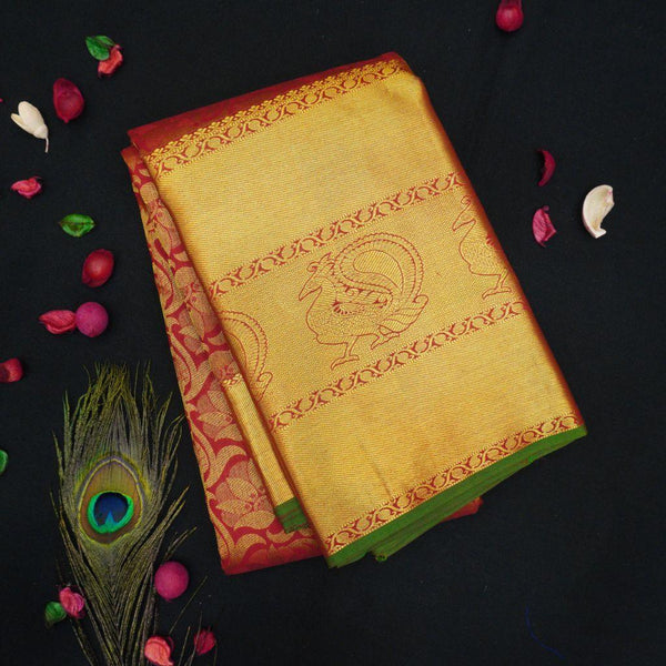 Red Bridal Kanchipuram Silk Saree with Long Border - Vivaaha Silks & Sarees