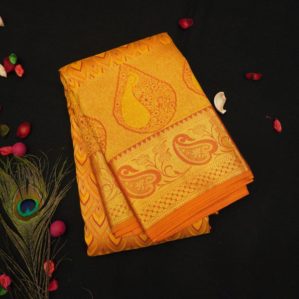 Golden Orange Bridal Kancheepuram Silk Saree handwoven with full gold zari