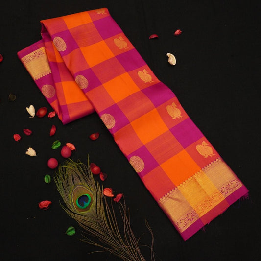 Tomato Red Palum Pazhamum Kattam Kanjivaram Silk Sari