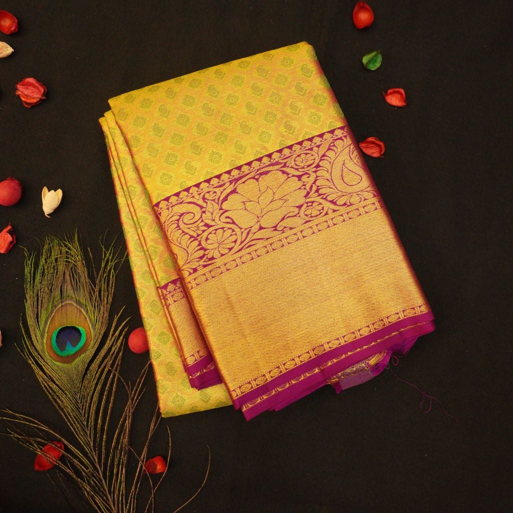 Golden Yellow Bridal Kanjivaram Silk Saree with Full Gold Zari Warp