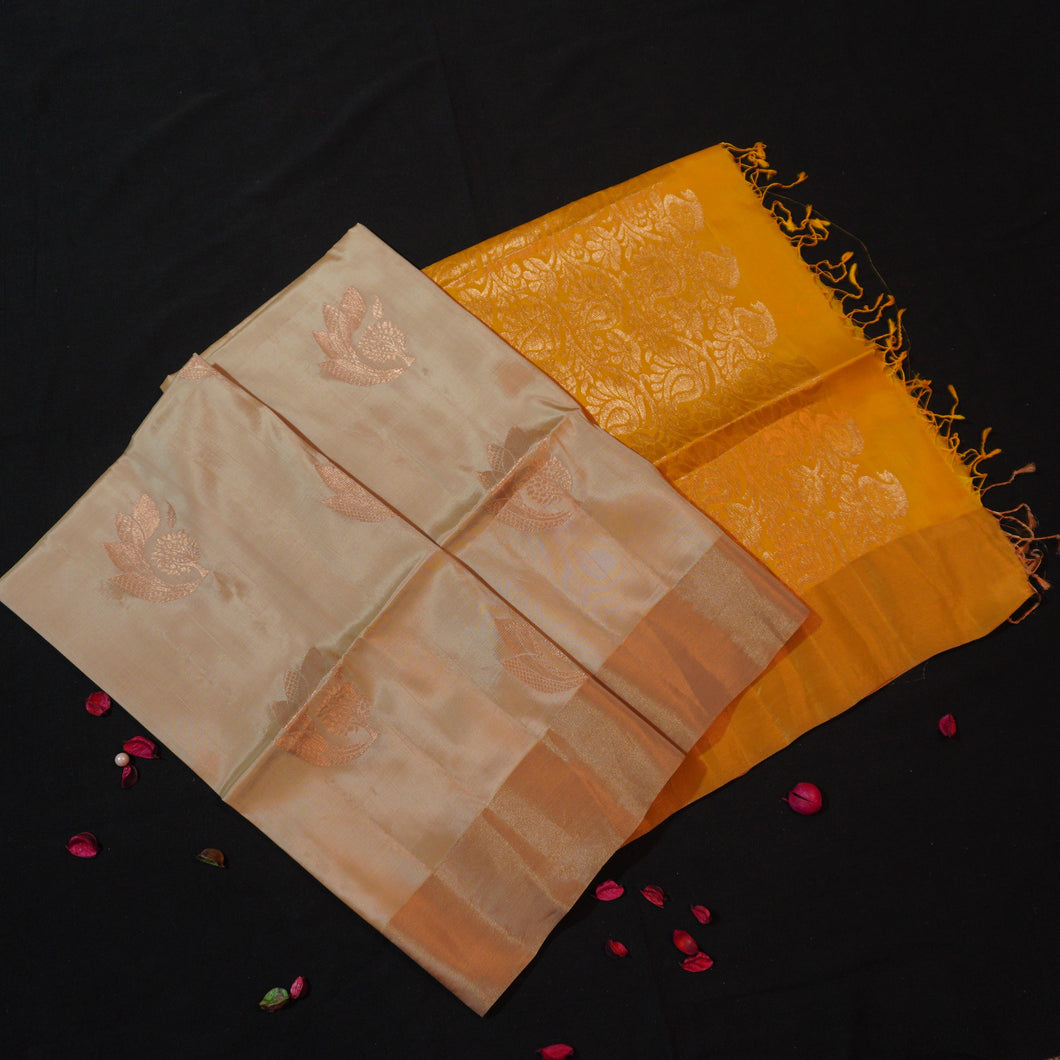 Beige Color Kanchipuram Soft Silk Saree in Copper Zari