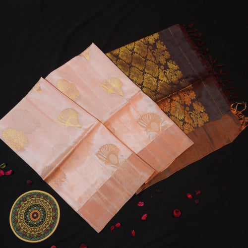 Pastel Peach Kanchipuram Soft Silk Saree in Golden Zari