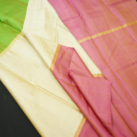 Tri-Color Mubbagam Kanjivaram Silk Saree with Pink Pallu - Vivaaha Silks & Sarees