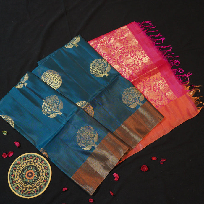 Peacock Blue Kanchipuram Soft Silk Saree in Golden Zari