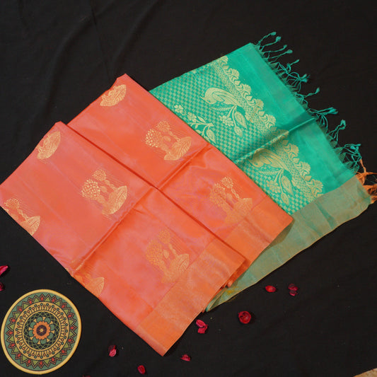 Peach Orange Kanchipuram Soft Silk Saree in Golden Zari