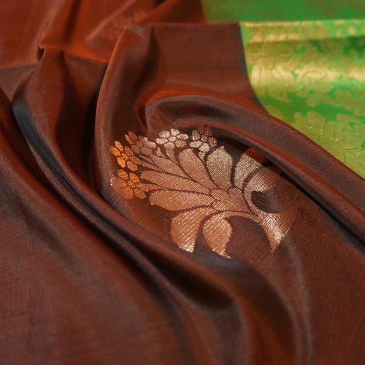 Chocolate Brown Kanchipuram Soft Silk Saree with Green Pallu - Vivaaha Silks & Sarees