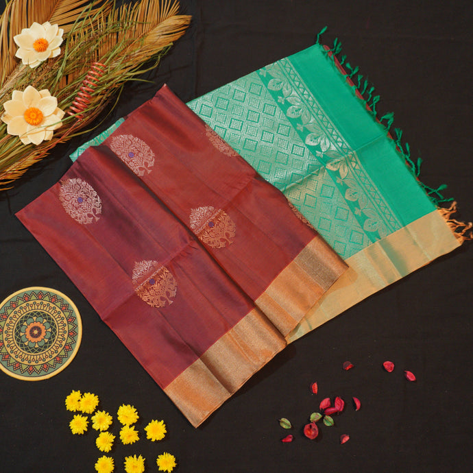 Cinnamon Brown Kanchipuram Soft Silk Saree with Meena Butta