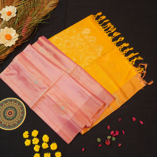 Peach Pink Kanchipuram Soft Silk Saree with Meena Butta