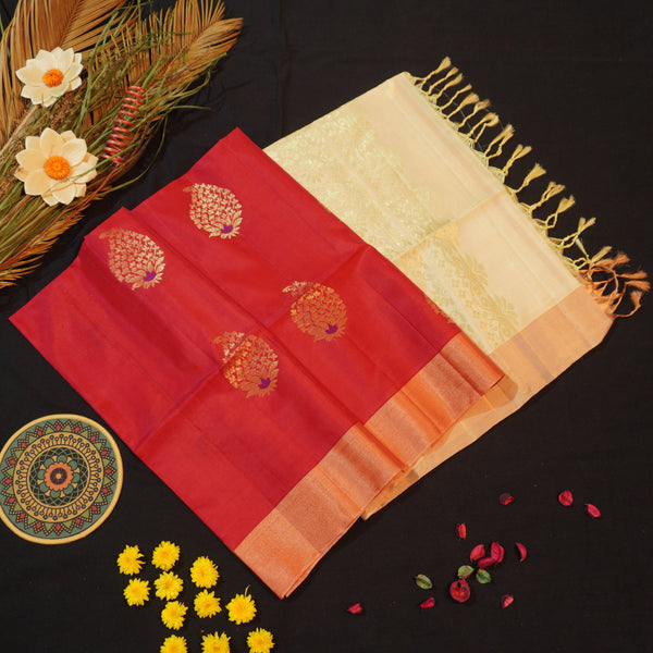 Chilli Red Kanchipuram Soft Silk Saree with Meena Butta