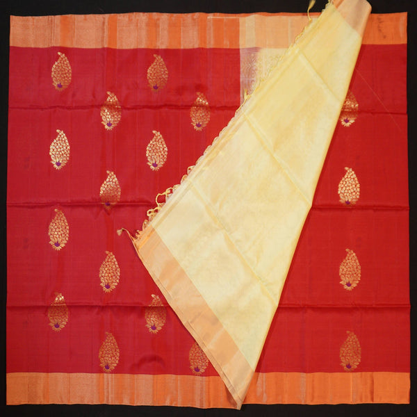 Chilli Red Kanchipuram Soft Silk Saree with Meena Butta