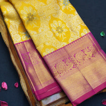 Load image into Gallery viewer, Mustard Yellow Kanchipuram Bridal Silk Saree meena work- Gold and Silver Zari
