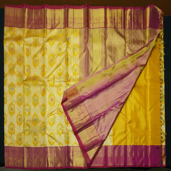 Mustard Yellow Kanchipuram Bridal Silk Saree meena work- Gold and Silver Zari