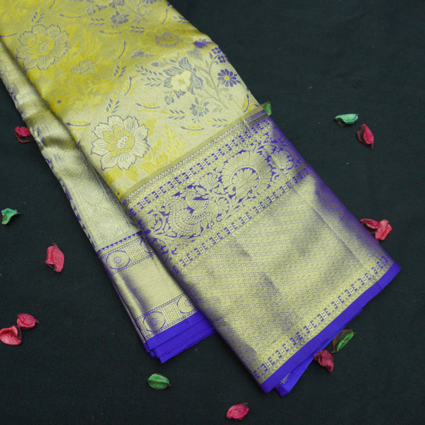 Yellow and blue Tissue Kanchipuram Silk Sari Wedding Collection