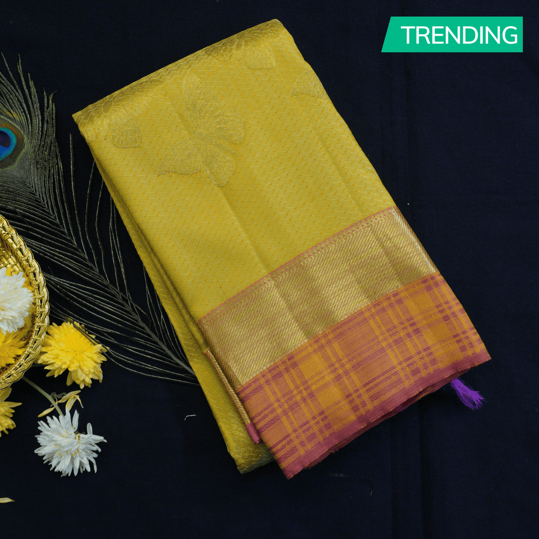 Traditional Kanchipuram Silk Saree in Lemon Yellow Color with Embossed Fancy Design - Vivaaha Silks & Sarees